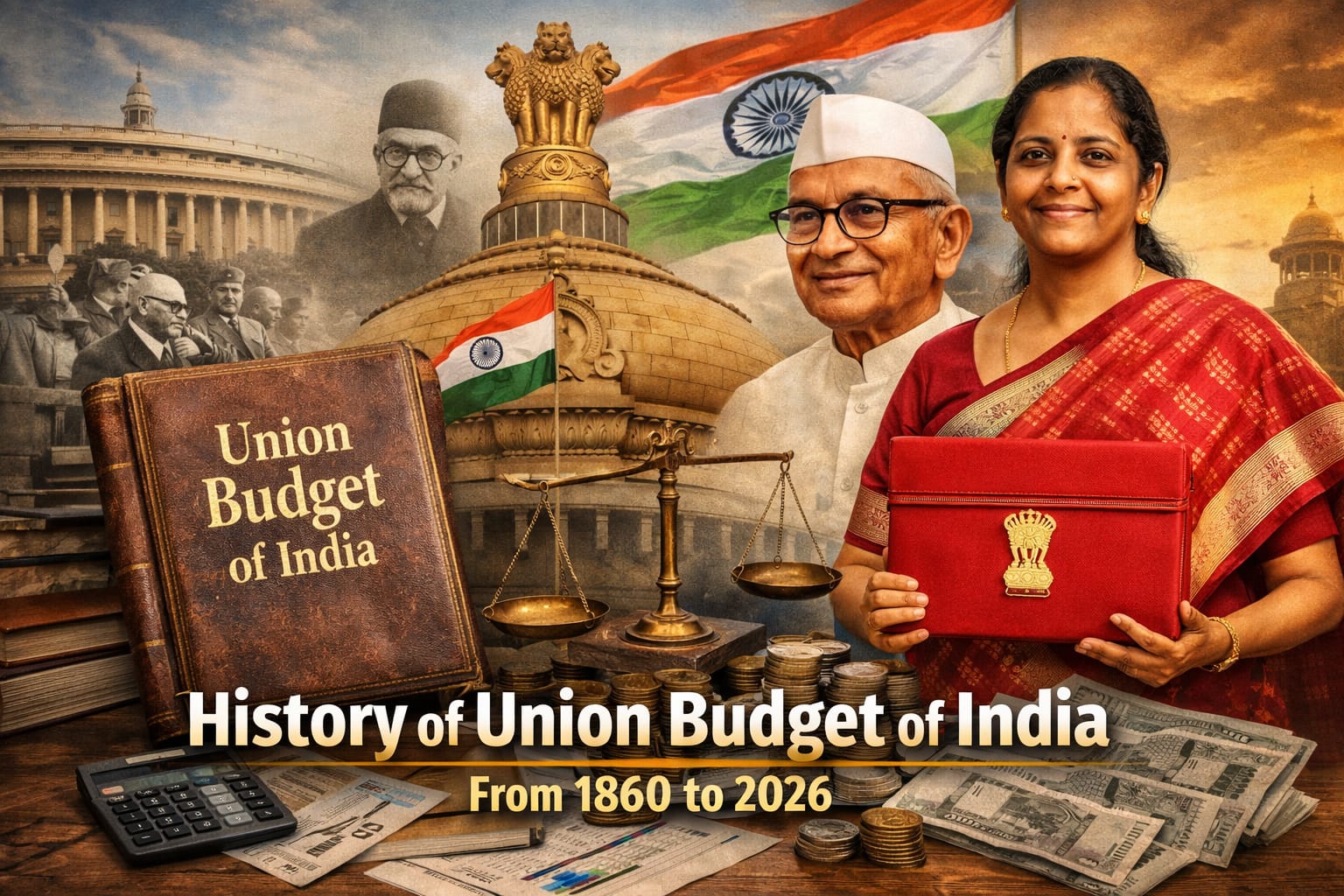 History of Union Budget of India featuring Morarji Desai and Nirmala Sitharaman with Parliament and budget documents